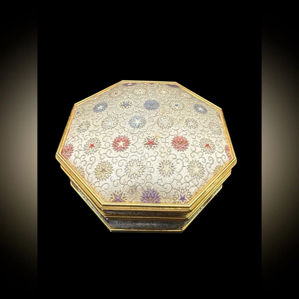 Vintage Mid Century Hexagon Starburst Cloth Velvet Lined Musical Jewelry Box